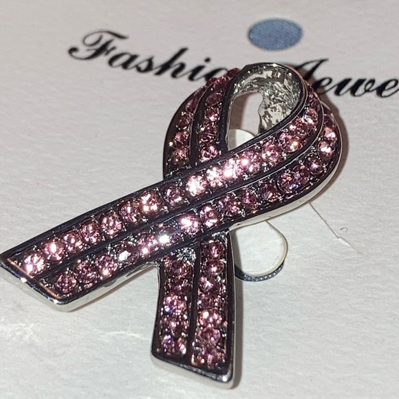 Fashion Jewelry Pink Crystal Ribbon Awareness Brooch - Picture 2 of 4